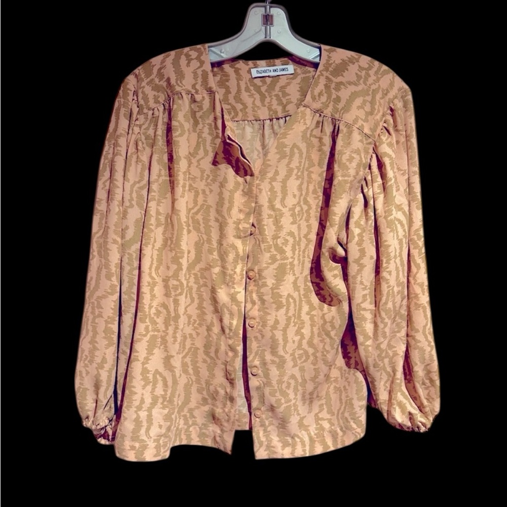 Elizabeth and James Peach Tan Abstract Print Blouse Balloon Sleeve S